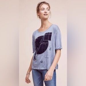 Anthropologie AKENI & KIN Blue Linen & Velvet Tee Shirt Size MP NWT